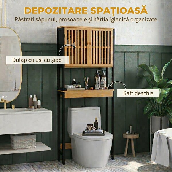 HOMCOM Dulap Baie cu Economie de Spațiu, Dulap Deasupra Toaletei cu 2 Uși și Raft Deschis, 60x21,5x172 cm, Lemn Natural | Aosom Romania