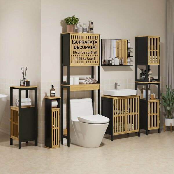 HOMCOM Dulap Baie cu Economie de Spațiu, Dulap Deasupra Toaletei cu 2 Uși și Raft Deschis, 60x21,5x172 cm, Lemn Natural | Aosom Romania
