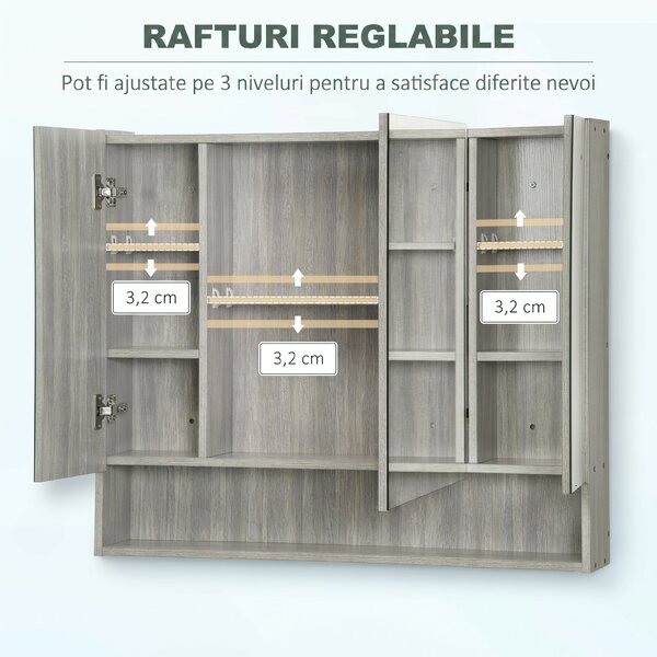 Kleankin Dulap cu Oglindă cu 4 Secțiuni și Rafturi Reglabile, Oglindă de Baie din Lemn și Sticlă, 90x15x75 cm, Gri | Aosom Romania