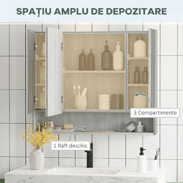 Kleankin Dulap cu Oglindă cu 4 Secțiuni și Rafturi Reglabile, Oglindă de Baie din Lemn și Sticlă, 90x15x75 cm, Gri | Aosom Romania