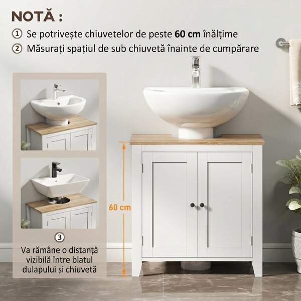 Kleankin Dulap pentru Baie, Dulap Sub Chiuvetă, Dulap de Baie cu Formă de U și Raft Intern Reglabil, 60x30x60cm, Alb | Aosom Romania