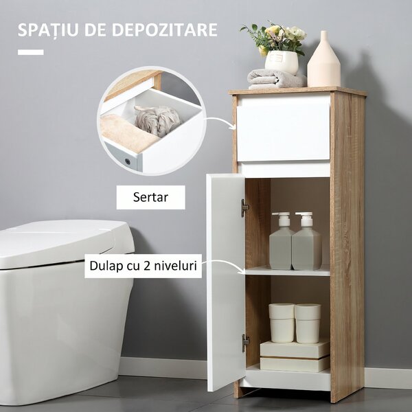 Kleankin Dulap de Baie, Comodă cu 2 Niveluri și 1 Sertar din MDF, 32.6x30x90 cm, Lemn natural+Alb | Aosom Romania