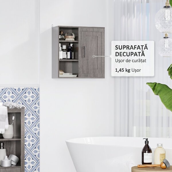 Kleankin Dulap baie cu montare pe perete, cu 3 rafturi deschise, gri | Aosom Romania