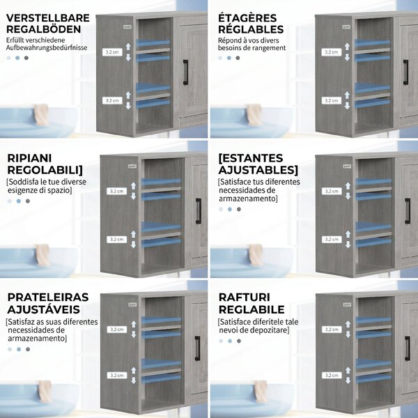 Kleankin Dulap baie cu montare pe perete, cu 3 rafturi deschise, gri | Aosom Romania