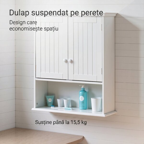 Kleankin Dulap de Baie Suspendat cu Dulăpior, 2 Uși cu Închidere Magnetică și Raft Deschis, 60x20x70.5 cm, Alb | Aosom Romania