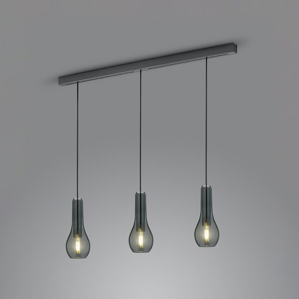 Helestra Gara lampă suspendată 3 abajururi sticlă fumurie, reglabil, Negru, Camera de zi / sufragerie, Aluminiu, Modern