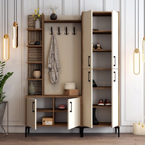 Mobilier hol cu pantofar VIYANA DA, crem/nuc, PAL melaminat/metal, 150