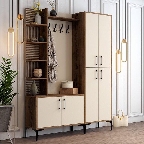 Mobilier hol cu pantofar VIYANA DA, crem/nuc, PAL melaminat/metal, 150