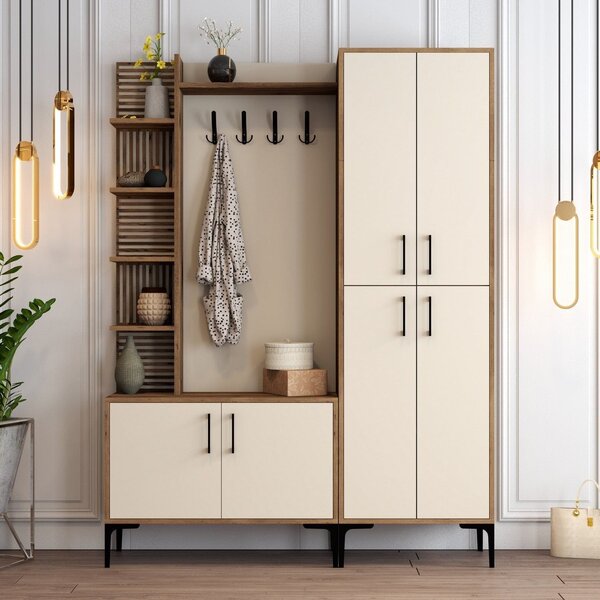 Mobilier hol cu pantofar VIYANA DA, crem/nuc, PAL melaminat/metal, 150