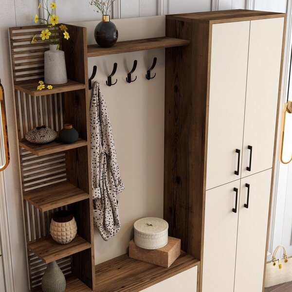 Mobilier hol cu pantofar VIYANA DA, crem/nuc, PAL melaminat/metal, 150