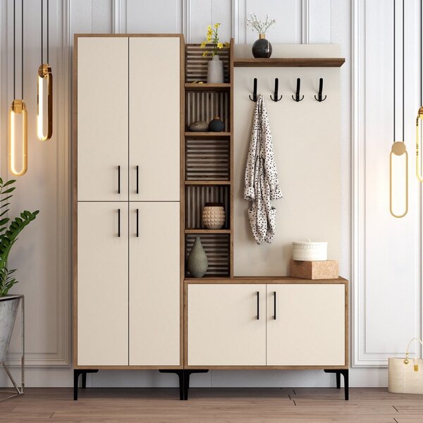 Mobilier hol cu pantofar VIYANA DA, crem/nuc, PAL melaminat/metal, 150