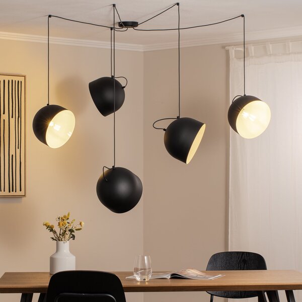 ALDEX Lampă suspendată Pepe, neagră, cu 5 becuri, reglabil, Negru, Camera de zi / sufragerie, Metal, Modern