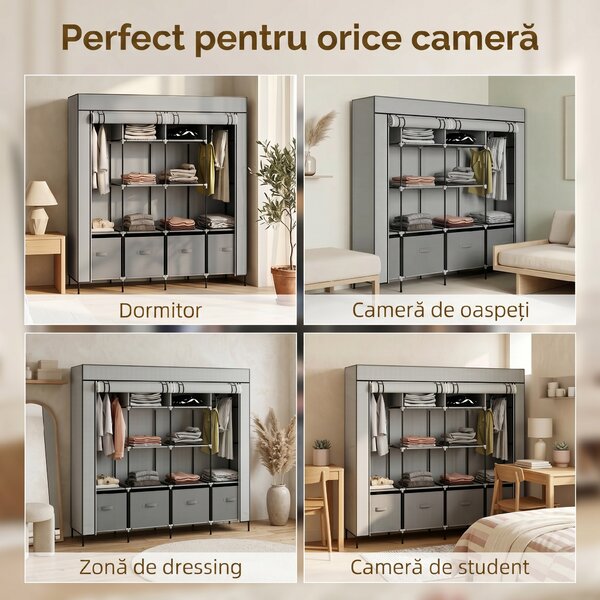 HOMCOM Dulap Portabil din Material Textil și Oțel, Garderobă cu 10 Rafturi, 4 Sertare și 2 Bare, 166x42,5x169,5 cm, Gri | Aosom Romania