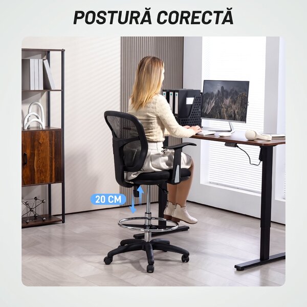 HOMCOM Scaun de Birou Rotativ cu Inel pentru Sprijinirea Picioarelor și Spătar Curbat, 55x58x94 cm, Negru | Aosom Romania