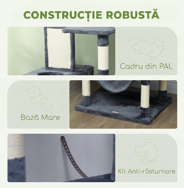 PawHut Ansamblu de Cățărat pentru Pisici, 206 cm, cu Stâlpi din Sisal, Căsuțe și Hamace, Gri Închis | Aosom Romania