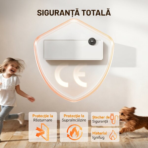 HOMCOM Încălzitor Electric 2000W de Perete cu 3 Moduri, Temperatura Reglabilă, Timer și Telecomandă, Alb | Aosom Romania