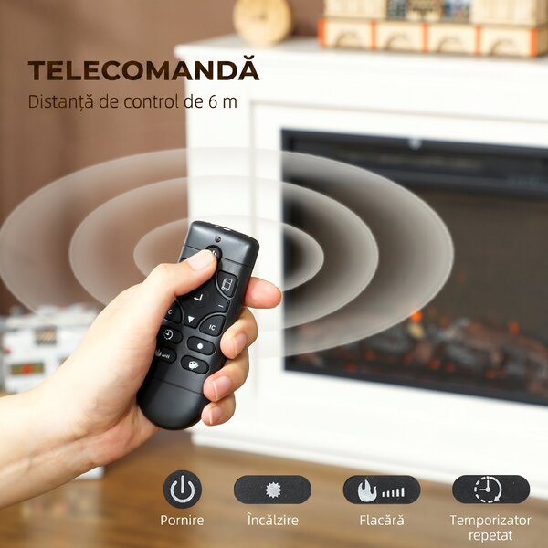 HOMCOM Șemineu Electric cu Flacără în 12 Culori și 5 Niveluri de Luminozitate, Telecomandă și Timer, 98x25x80 cm, Alb și Negru | Aosom Romania