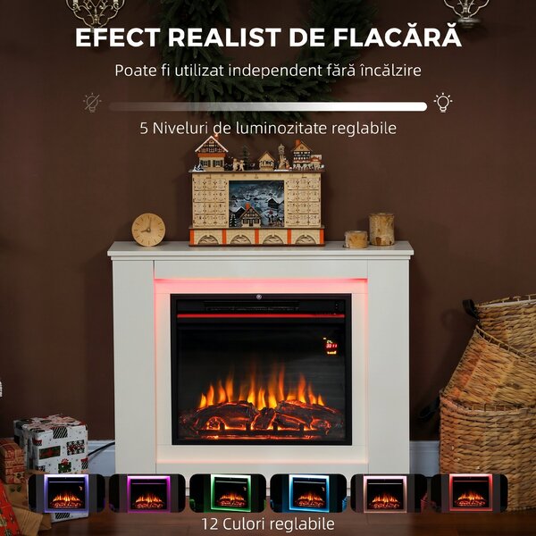 HOMCOM Șemineu Electric cu Flacără în 12 Culori și 5 Niveluri de Luminozitate, Telecomandă și Timer, 98x25x80 cm, Alb și Negru | Aosom Romania