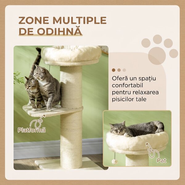 PawHut Ansamblu de Zgâriat pentru Pisici Multinivel cu Stâlp Sisal și Platformă, PAL, Pluș, 48,5x48,5x105 cm, Bej | Aosom Romania