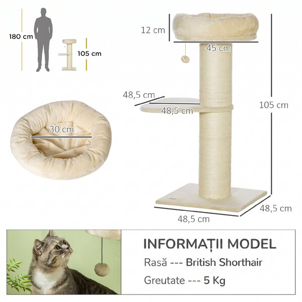 PawHut Ansamblu de Zgâriat pentru Pisici Multinivel cu Stâlp Sisal și Platformă, PAL, Pluș, 48,5x48,5x105 cm, Bej | Aosom Romania