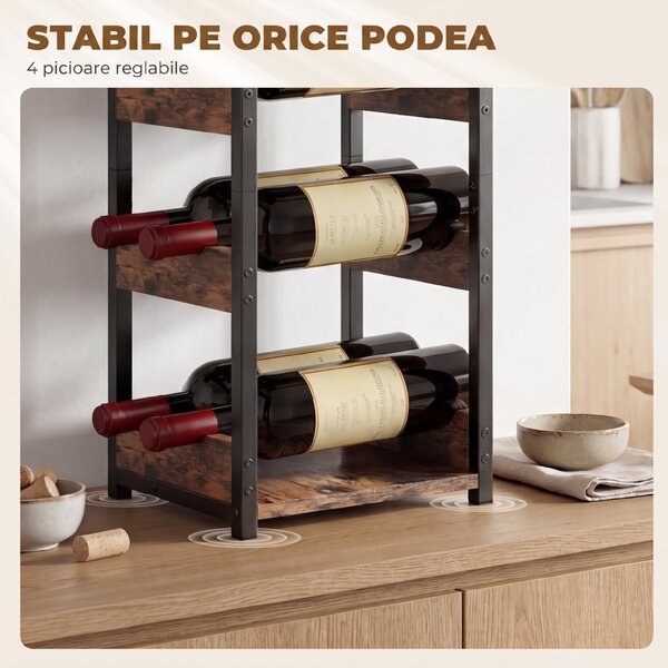HOMCOM Suport Vin, Rafturi Ondulate, Picioare Reglabile, Maro Rustic, Negru | Aosom Romania