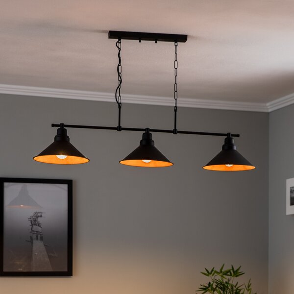 Opviq Lampă suspendată Sivani MR-835 3 becuri liniar negru / auriu, reglabil, Negru, Camera de zi / sufragerie, Metal, Modern