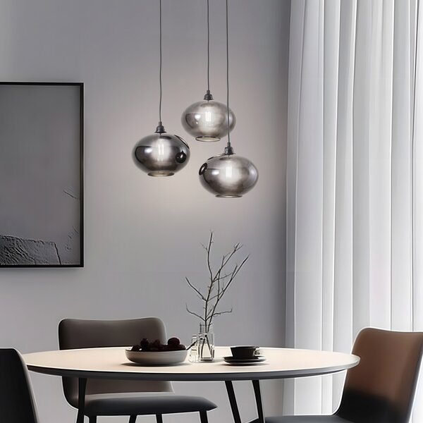 Opviq Lampă suspendată Smoked 051 3 becuri rondel sticlă Ø27cm, reglabil, Gri, Camera de zi / sufragerie, Sticlă, Modern