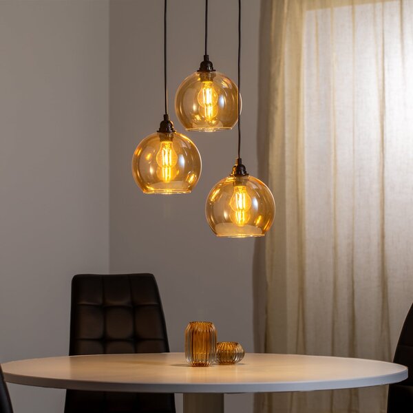 Opviq Lampă suspendată aur 021 3 becuri rondel sticlă Ø20cm, reglabil, Auriu / Alamă, Camera de zi / sufragerie, Sticlă, Modern