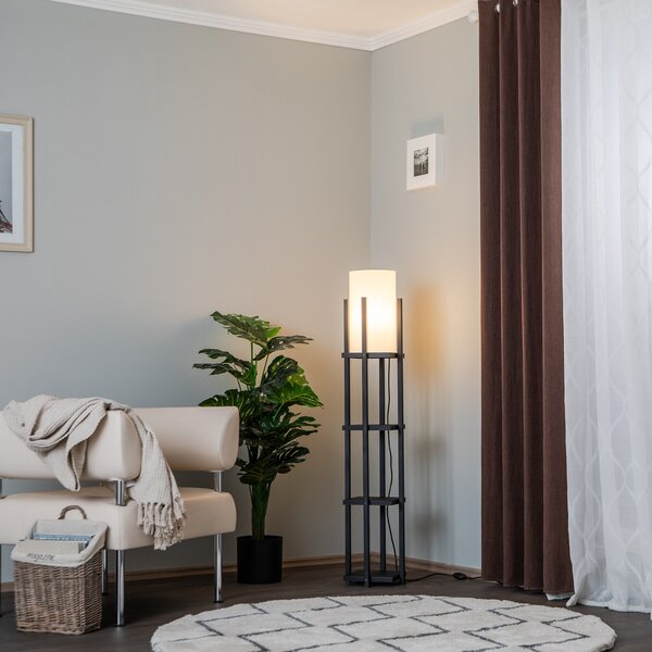 Opviq Lampadar 8111 negru, raft, abajur textil alb, Negru, Camera de zi / sufragerie, Țesătură / Textil, Modern