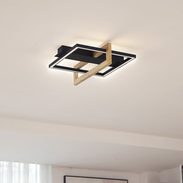 Lindby plafonieră LED Holamu, 46cm, negru, lemn, metal, Negru, Camera de zi / sufragerie, Aluminiu, Modern