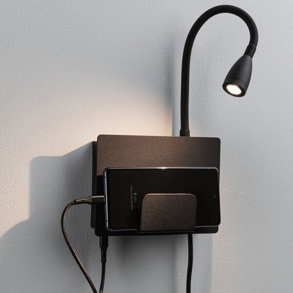 Paulmann Halina Aplică de perete USB LED, braț flexibil negru, Negru, dormitor, Metal, Modern