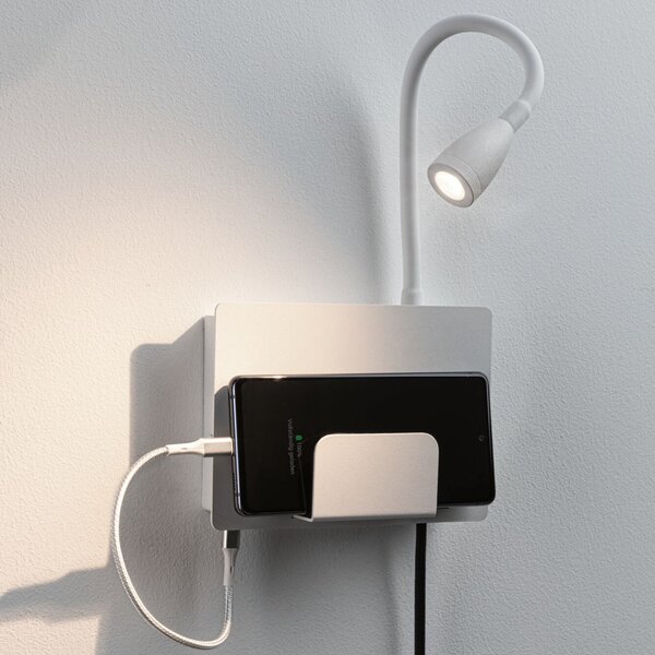 Paulmann Halina Aplică de perete USB LED, braț flexibil alb, Alb, dormitor, Metal, Modern