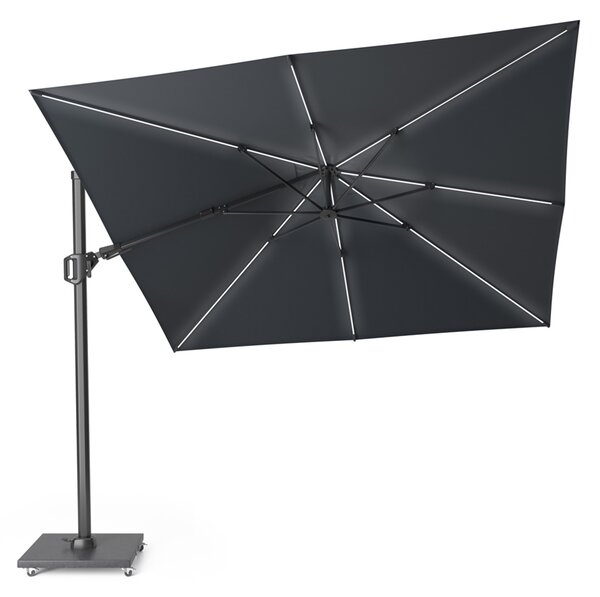 Set umbrela terasa / gradina Platinum Challenger T2 Glow cu LED, 3x3 m, patrata, antracit, suport granit Sorrento negru 90 kg inclus