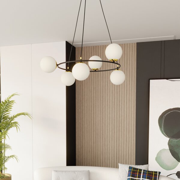 Euluna Lampă suspendată Glassy 6 becuri, rotundă, sticlă opală, reglabil, Negru, Camera de zi / sufragerie, Sticlă, Modern