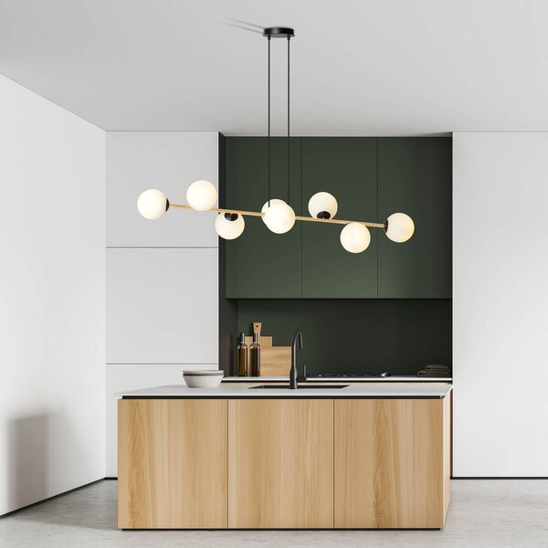 Euluna Lampă suspendată Glassy, 8 becuri, negru/auriu/opal, reglabil, Negru, Camera de zi / sufragerie, Sticlă, Modern