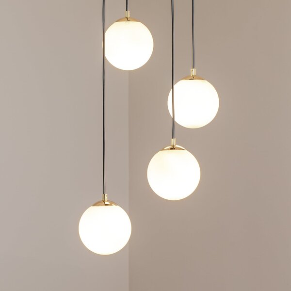 Euluna Lampă suspendată Glassy, 4 becuri, rotundă, negru/opal, reglabil, Negru, Camera de zi / sufragerie, Sticlă, Modern