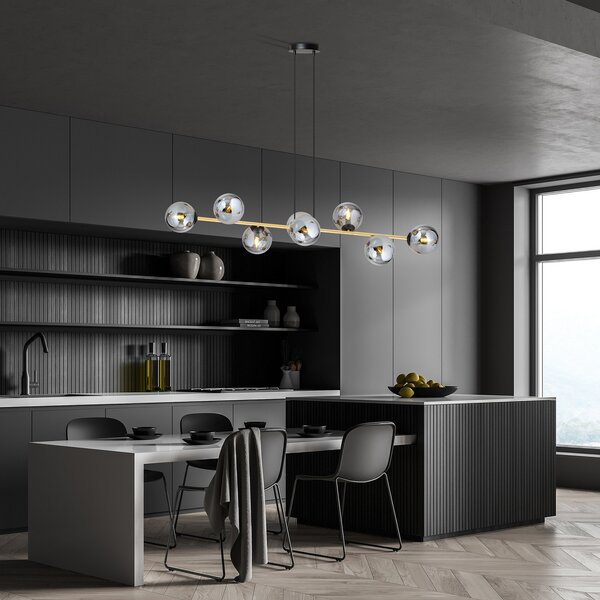 Euluna Lampă suspendată Glassy, 8 becuri, negru/auriu/grafit, reglabil, Negru, Camera de zi / sufragerie, Sticlă, Modern