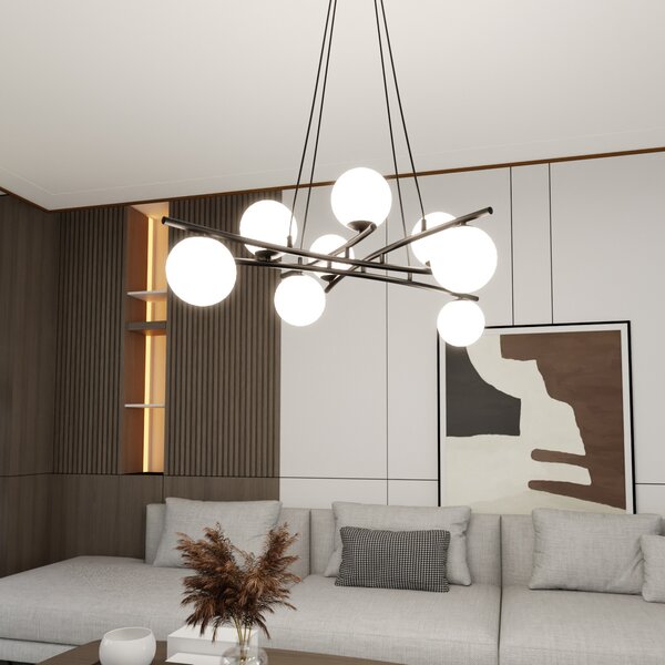 Euluna Lampă suspendată Glassy, încrucișată, 8 becuri, sticlă opală, reglabil, Negru, Camera de zi / sufragerie, Sticlă, Modern