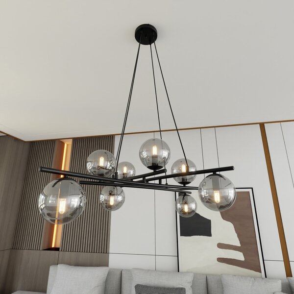 Euluna Lampă suspendată Glassy, încrucișată, 8 becuri, sticlă grafit, reglabil, Negru, Camera de zi / sufragerie, Sticlă, Modern