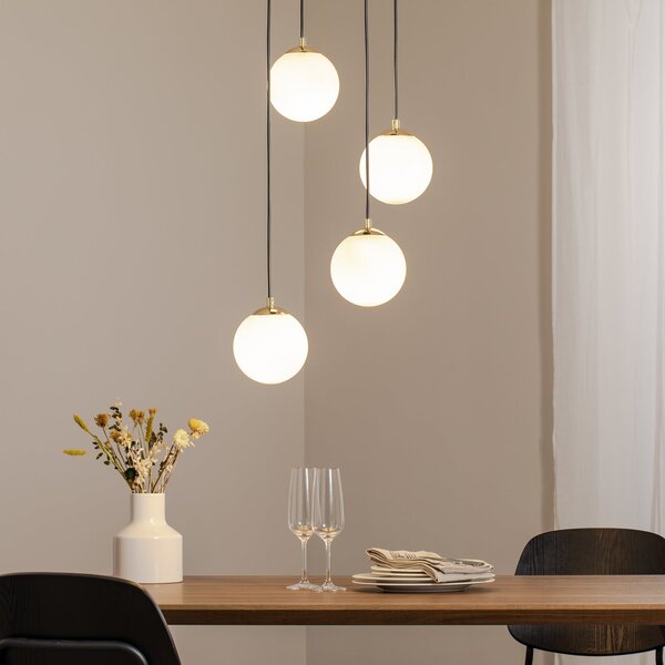 Euluna Lampă suspendată Glassy, 4 becuri, rotundă, negru/opal, reglabil, Negru, Camera de zi / sufragerie, Sticlă, Modern