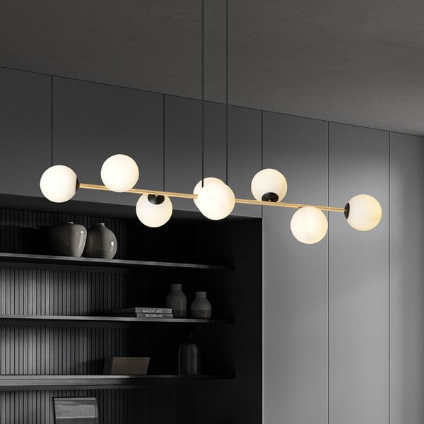 Euluna Lampă suspendată Glassy, 8 becuri, negru/auriu/opal, reglabil, Negru, Camera de zi / sufragerie, Sticlă, Modern