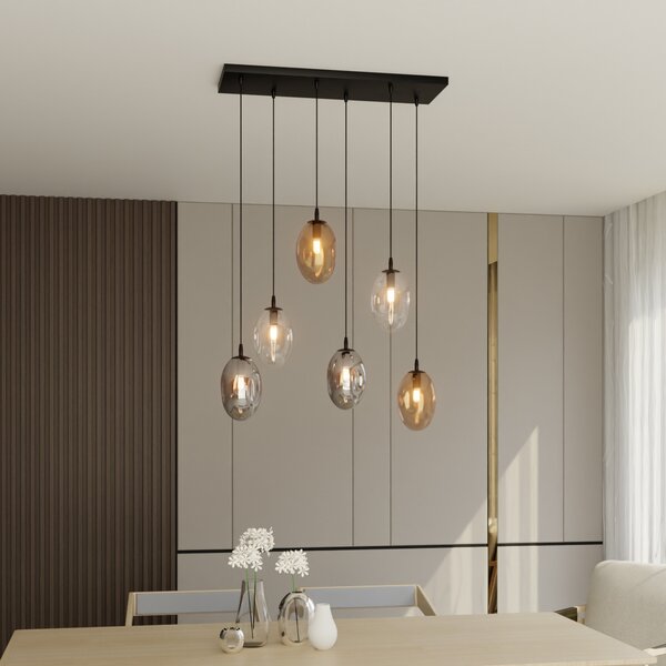 Euluna Lampă suspendată Glassy, 6 becuri, sticlă curbată, colorată, reglabil, Negru, Camera de zi / sufragerie, Metal, Modern