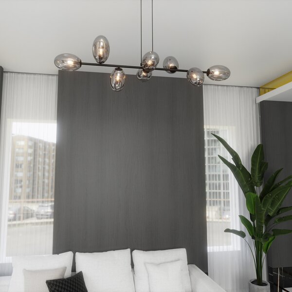 Euluna Lampă suspendată Glassy, 8 becuri, sticlă ovală, grafit, reglabil, Negru, Camera de zi / sufragerie, Sticlă, Modern
