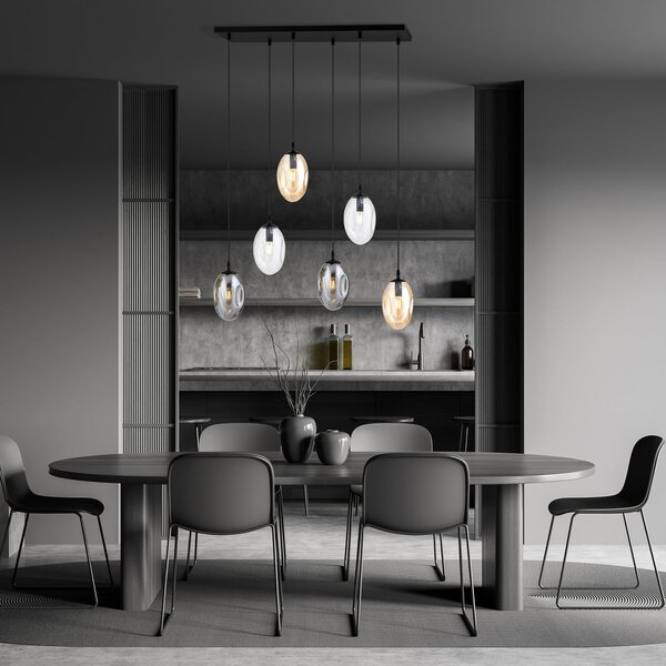 Euluna Lampă suspendată Glassy, 6 becuri, sticlă curbată, colorată, reglabil, Negru, Camera de zi / sufragerie, Metal, Modern