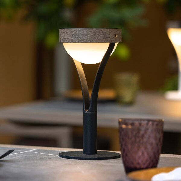 Les Jardins Lampă de masă solară cu LED Tyble, negru / tec, 2.700 K, 200 lm, reglabil, Negru, Aluminiu, Modern