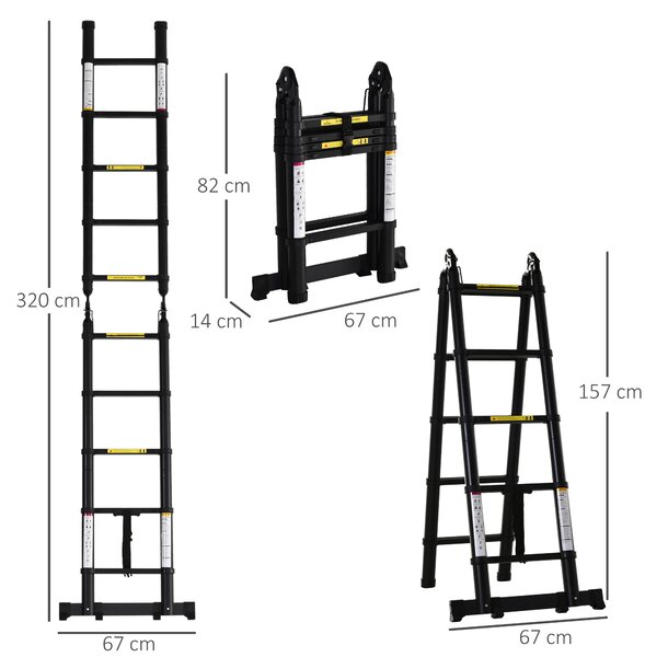 DURHAND Scară Telescopică Pliabilă cu 10 Trepte, Scară Extensibilă din Aluminiu și Metal, 320x67x7 cm, Neagră | Aosom Romania