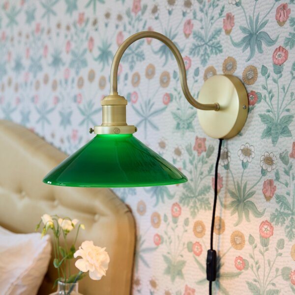 PR Home Axel, aplice de perete, culoare alamă, abajur din sticlă verde, Bronz / Alamă Veche, Camera de zi / sufragerie, Sticlă, Vintage, Perete rotund