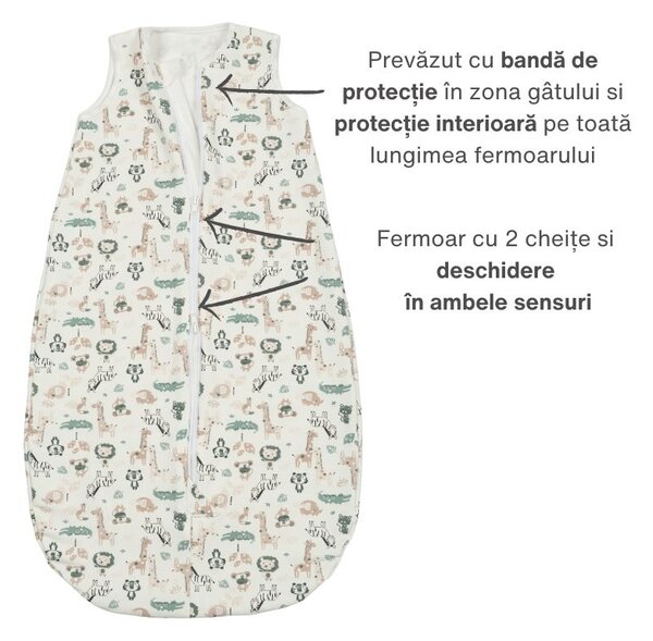 Sac de dormit din bumbac flausat cu fermoar dublu 6-12 luni Kidizi Safari, 1 tog, pentru toamna/iarna