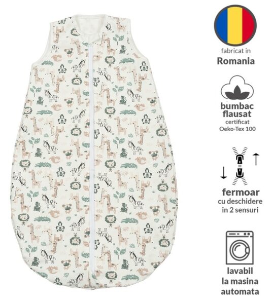 Sac de dormit din bumbac flausat cu fermoar dublu 0-6 luni Kidizi Safari, 1 tog, pentru toamna/iarna