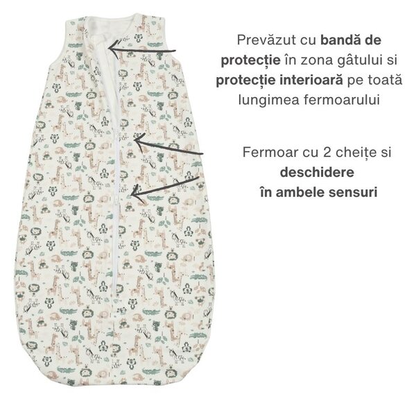 Sac de dormit din bumbac flausat cu fermoar dublu 1-2 ani Kidizi Safari, 1 tog, pentru toamna/iarna